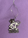 Metallic ornament with '2025' text on a purple Labcoat Willie design. 