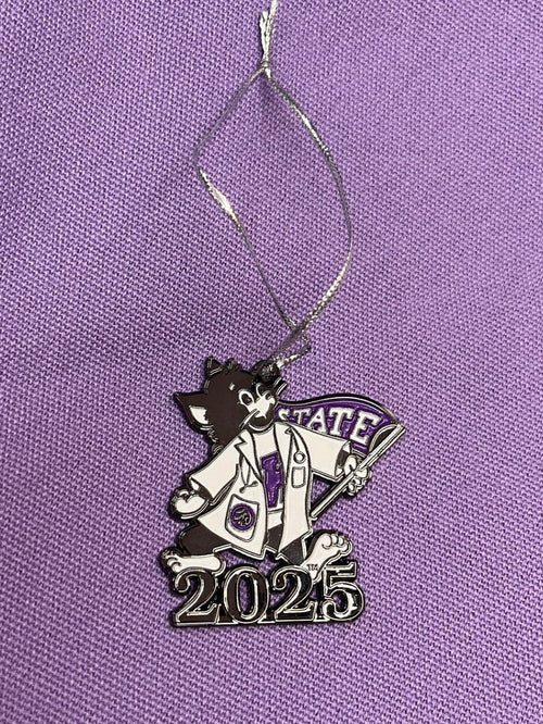 Metallic ornament with '2025' text on a purple Labcoat Willie design. 