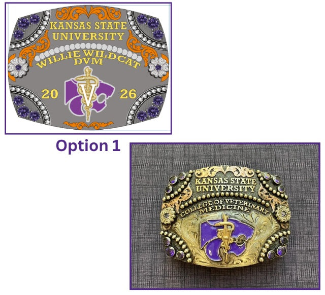 Kansas State University College of Veterinary Medicine belt buckle with decorative elements on a white background