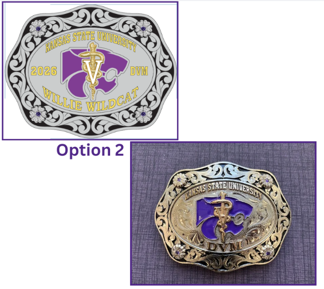 Kansas State University College of Veterinary Medicine belt buckle with decorative elements on a white background, oval shape 