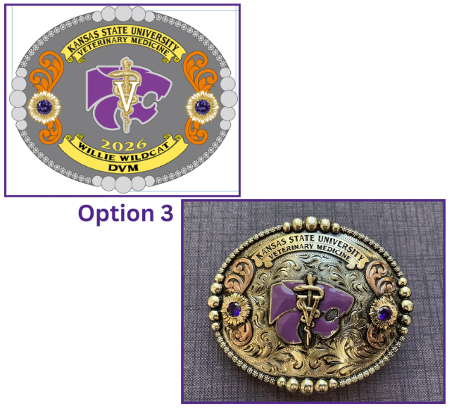 Two belt buckles with Kansas State University Veterinary Medicine text and purple powercat logo