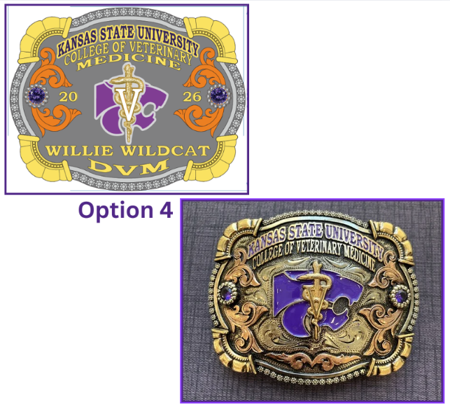 Kansas State University College of Veterinary Medicine belt buckle with 'Willie Wildcat DVM' text on a white background.