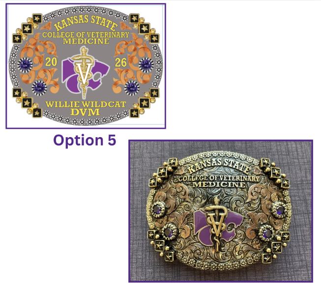 Kansas State College of Veterinary Medicine belt buckle with decorative elements on a white background.