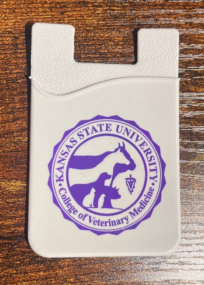 Card holder with Kansas State University College of Veterinary Medicine seal that attaches to the back of your phone. 