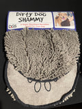 Packaged Dirty Dog Shammy dog towel in gray color with its branding visible on the packaging.