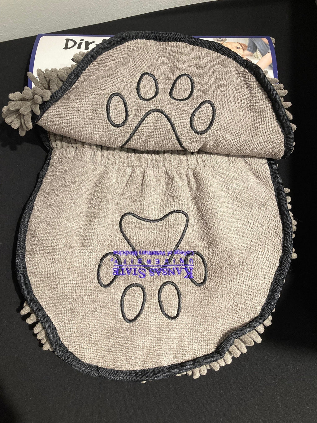 Packaged Dirty Dog Shammy dog towel in gray color with its branding visible on the packaging.