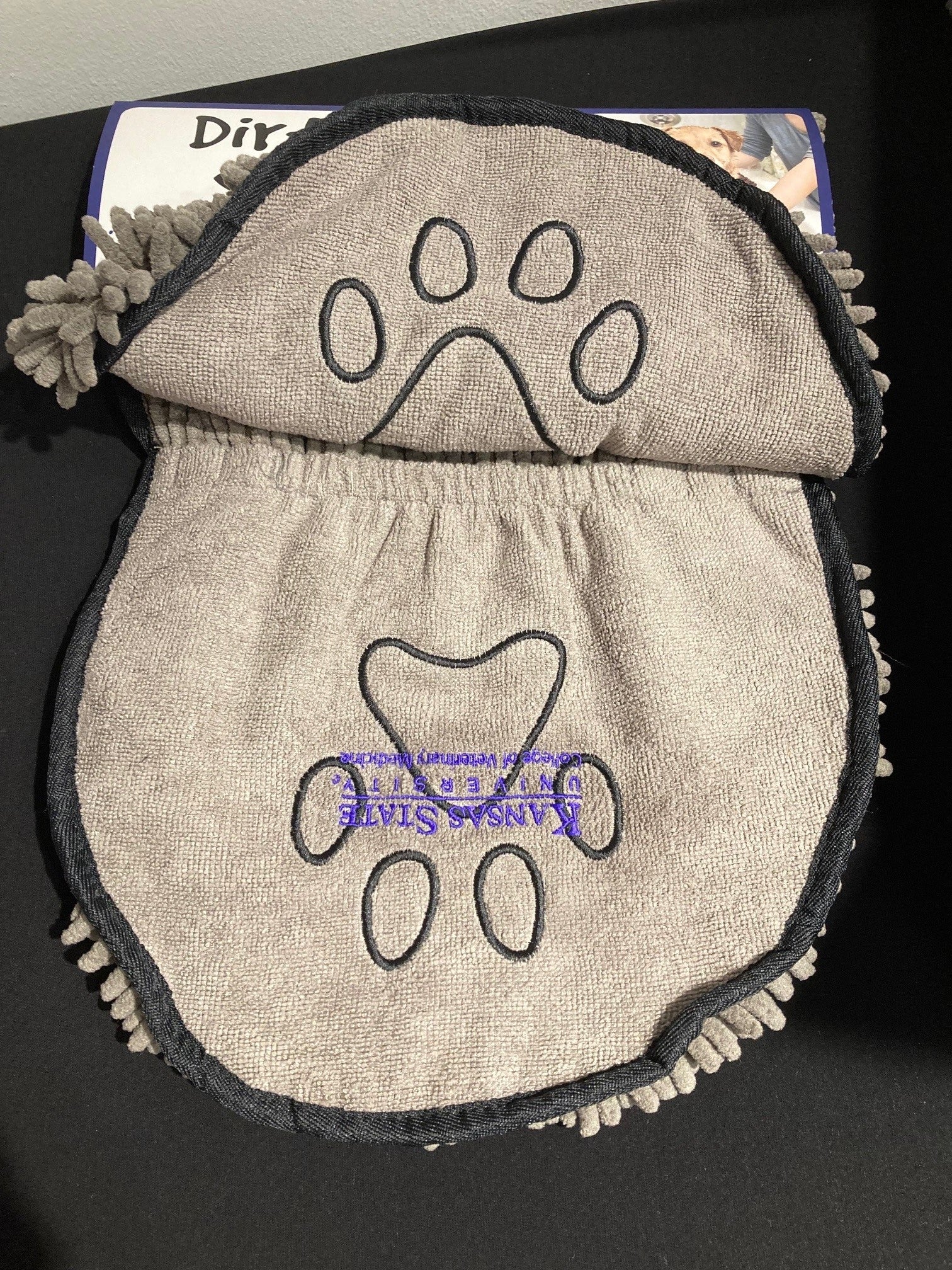 Packaged Dirty Dog Shammy dog towel in gray color with its branding visible on the packaging.