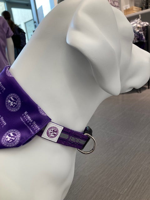 A view of the bandana wrapped around and attached to a CVM dog collar. 