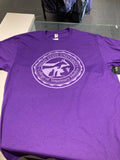 A purple Fruit of the Loom t-shirt with a custom College of Veterinary Medicine seal printed in white.