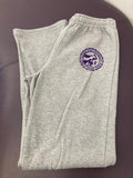 Customized Gildan Heavy Blend Open Bottom Sweatpants in Sports Grey with a purple CVM seal on the upper left thigh.