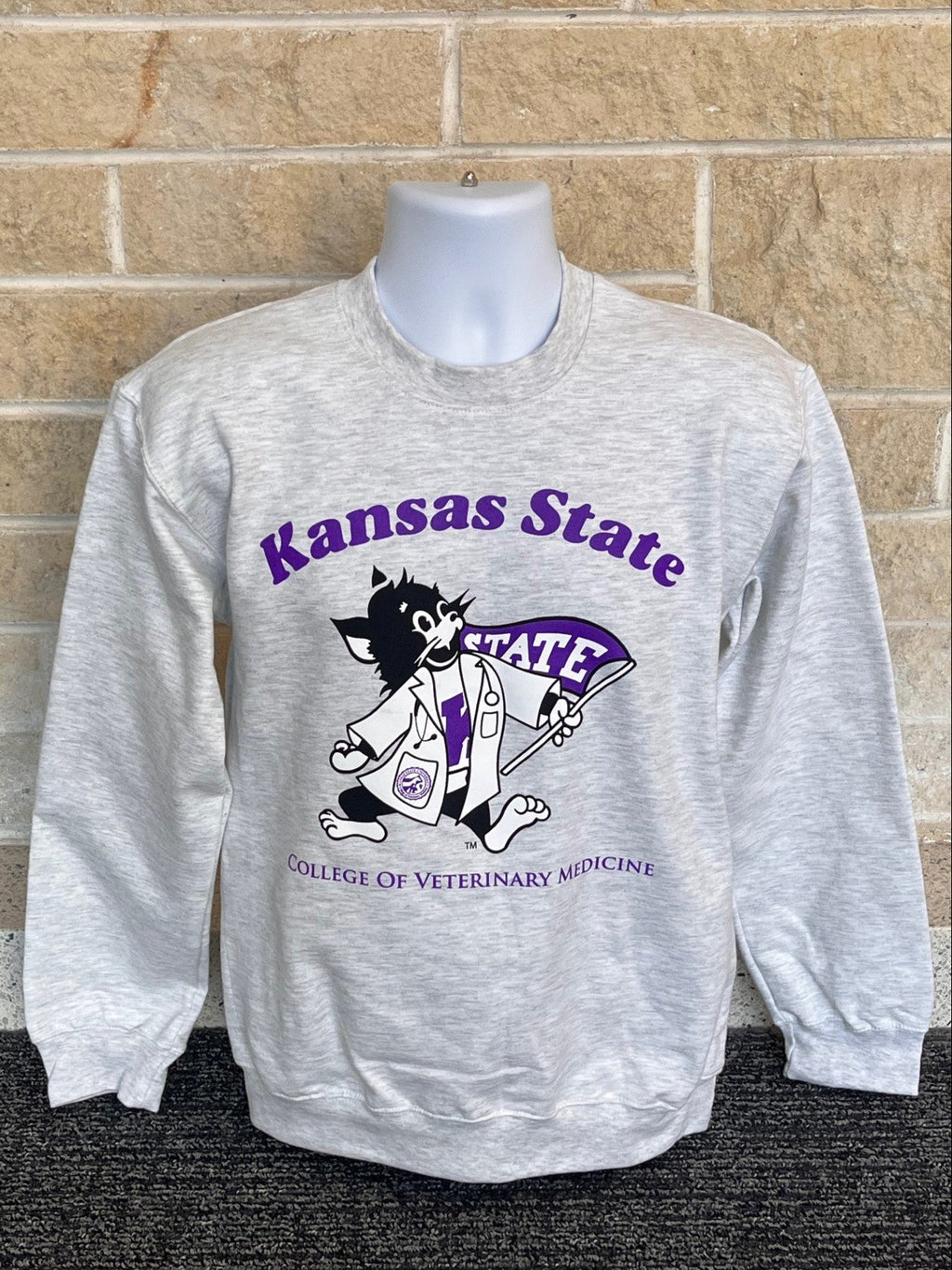 Gray sweatshirt with Kansas State College of Veterinary Medicine logo 