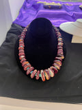 Colorful alternating pink/purple oyster shell and blue turquoise necklace. 