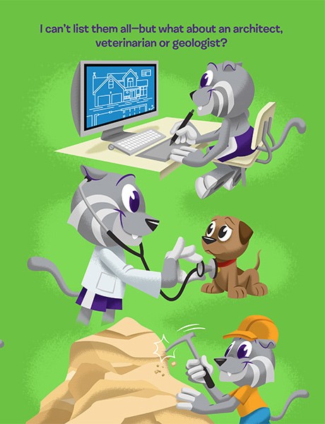 An image of one of the pages in the book that reads "I can't list them all - but what about an architect, veterinarian or geologist?" with a green background and wildcat illustrations doing each of the three professions. 