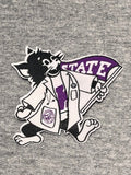 A logo iron-on patch of Labcoat Willie on a gray background. 
