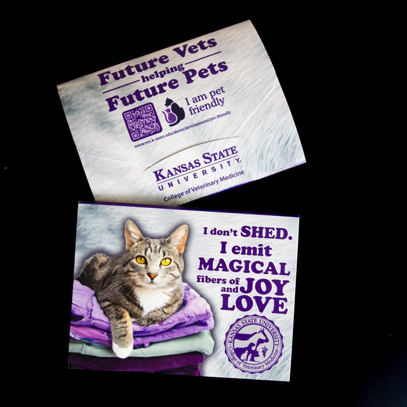 Customized Scotch Lint Sheets Pocket Pack with the words "I don't SHED. I emit MAGICAL fibers of JOY and LOVE" on the front. 
