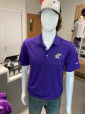 A purple men's Nike polo shirt with a collar, Nike symbol on the left sleeve, and Labcoat Willie on the upper left chest. 