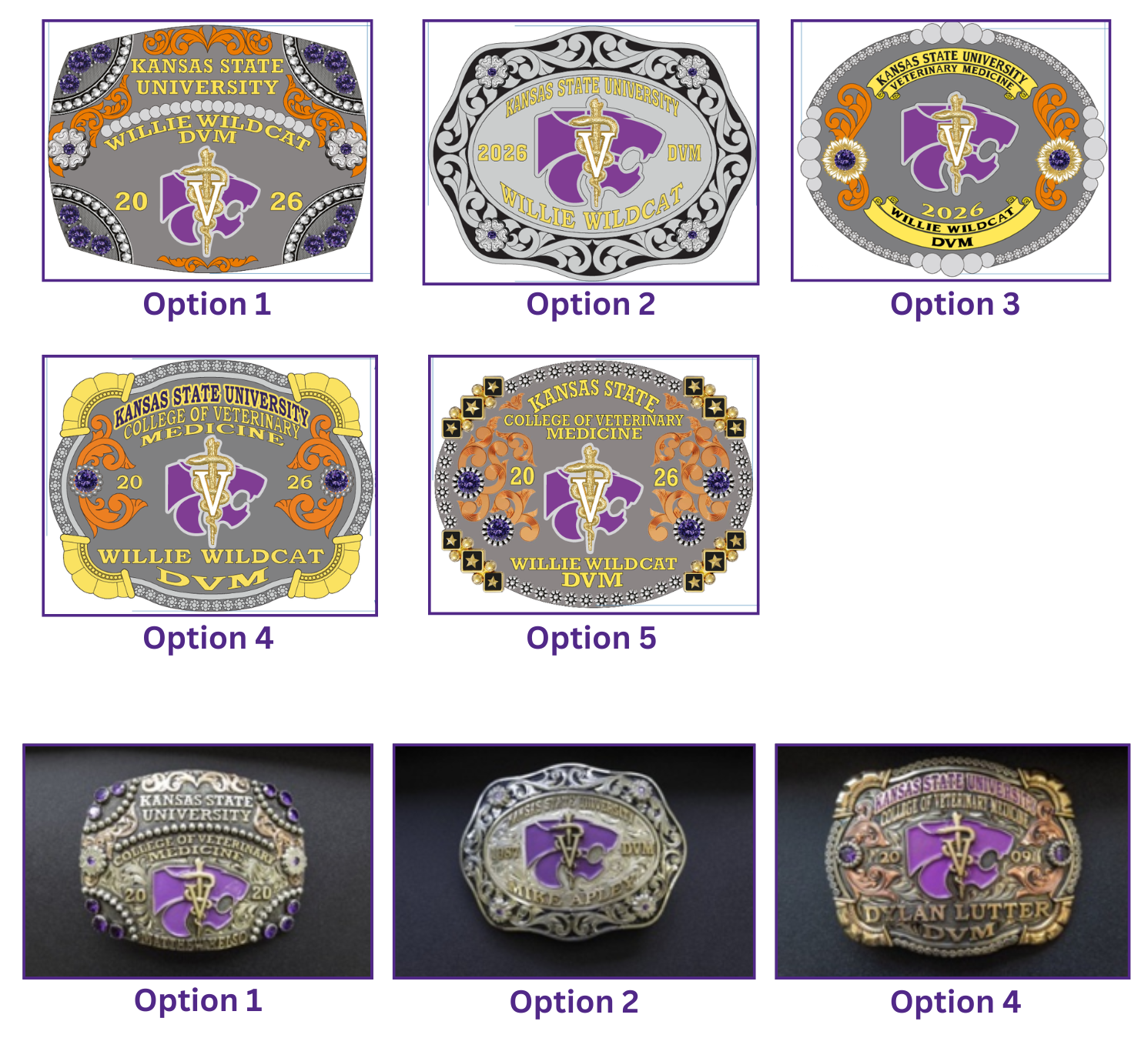 Various designs of Kansas State University belt buckles with different color schemes.