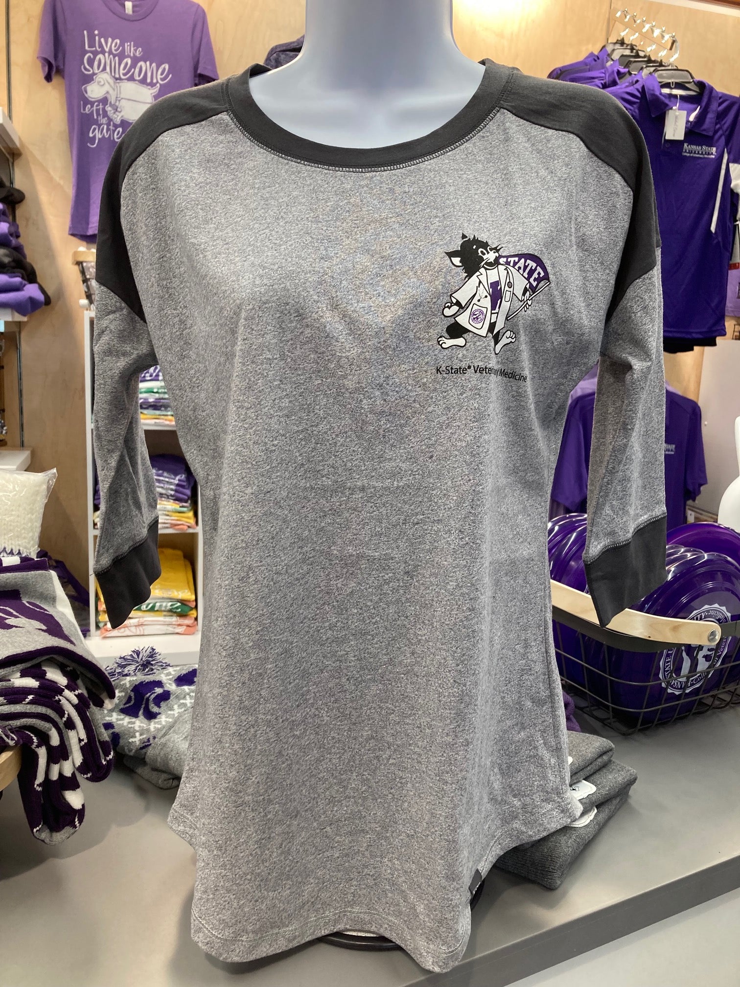 A gray New Era ladies baseball tee with 3/4 sleeves and a Labcoat Willie graphic on the front left chest.