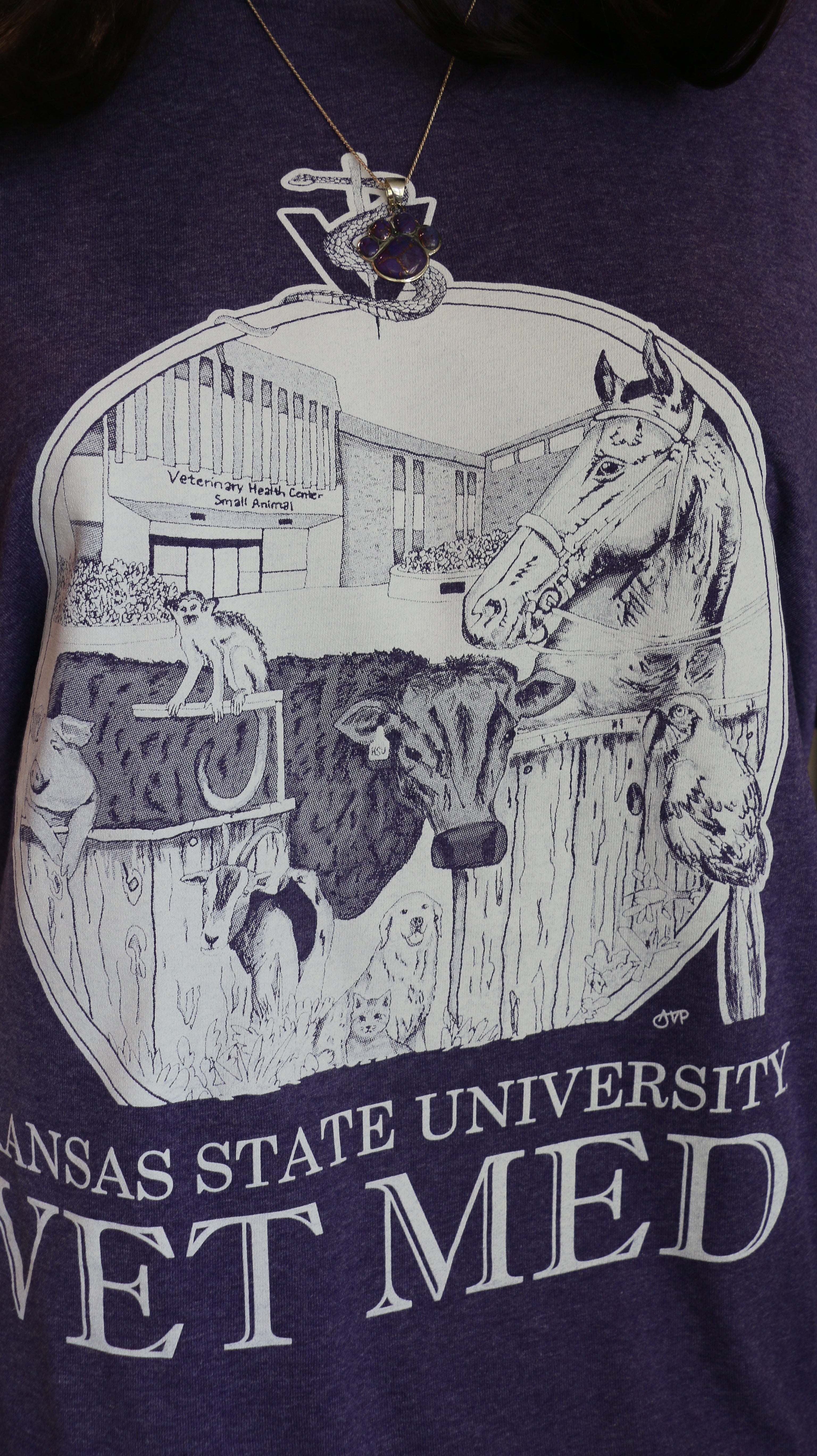 A Port & Company t-shirt featuring a custom design by Ariana Van Pelt, displayed on a mannequin. The shirt is purple with text that reads 'Kansas State University VET MED'.