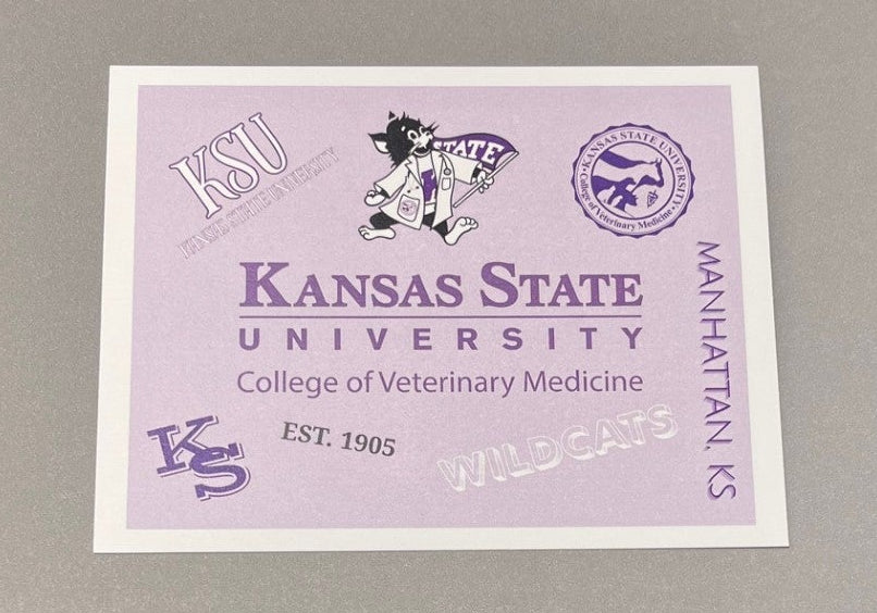 A purple postcard with Kansas State University Collage of Veterinary Medicine text with Labcoat Willie, CVM seal, and additional KSU logos to fill the postcard background. 
