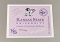 A purple postcard with Kansas State University Collage of Veterinary Medicine text with Labcoat Willie, CVM seal, and additional KSU logos to fill the postcard background. 