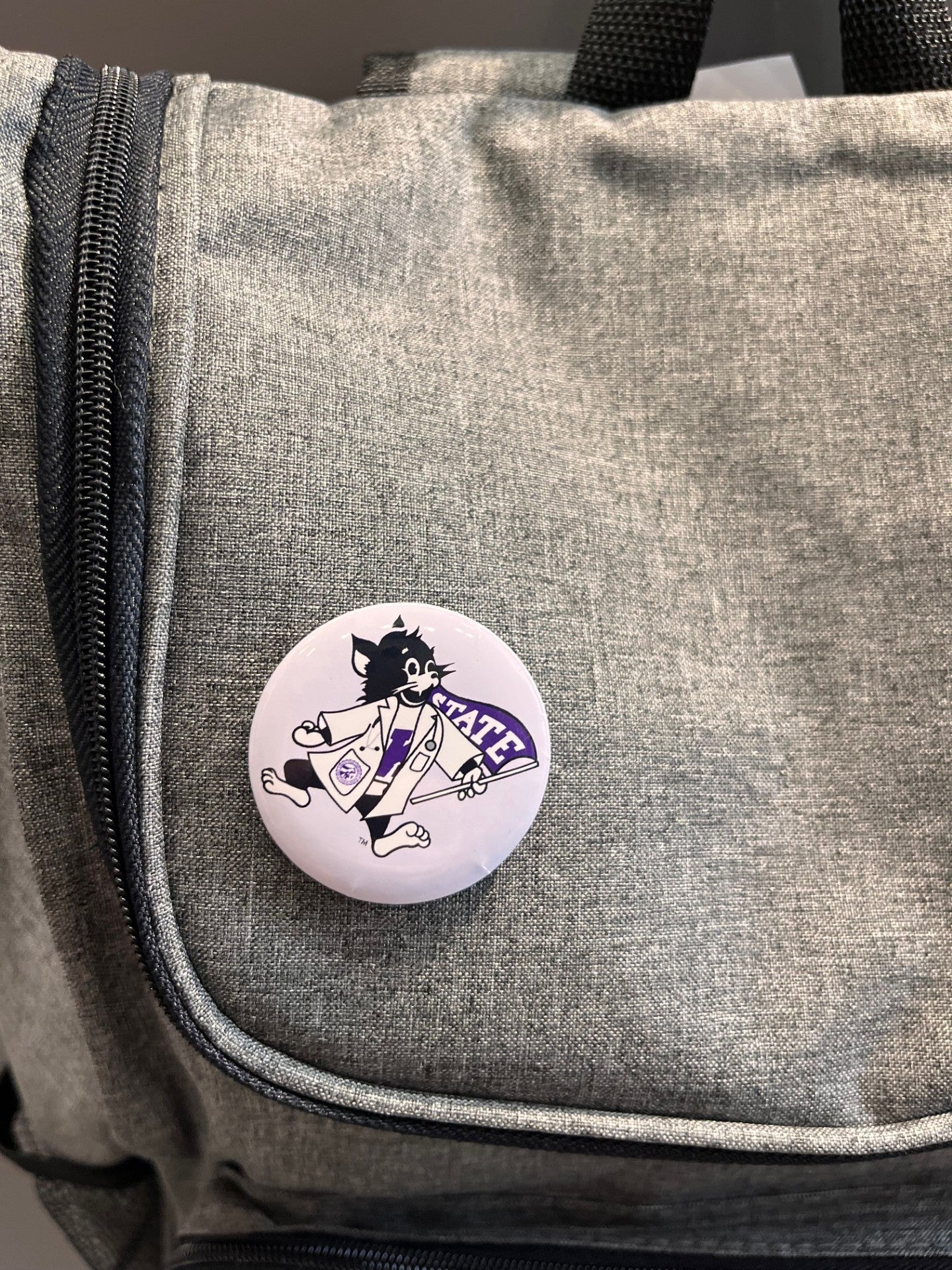 Gray bag with a round button featuring a cartoon Labcoat Willi with a light purple background. 