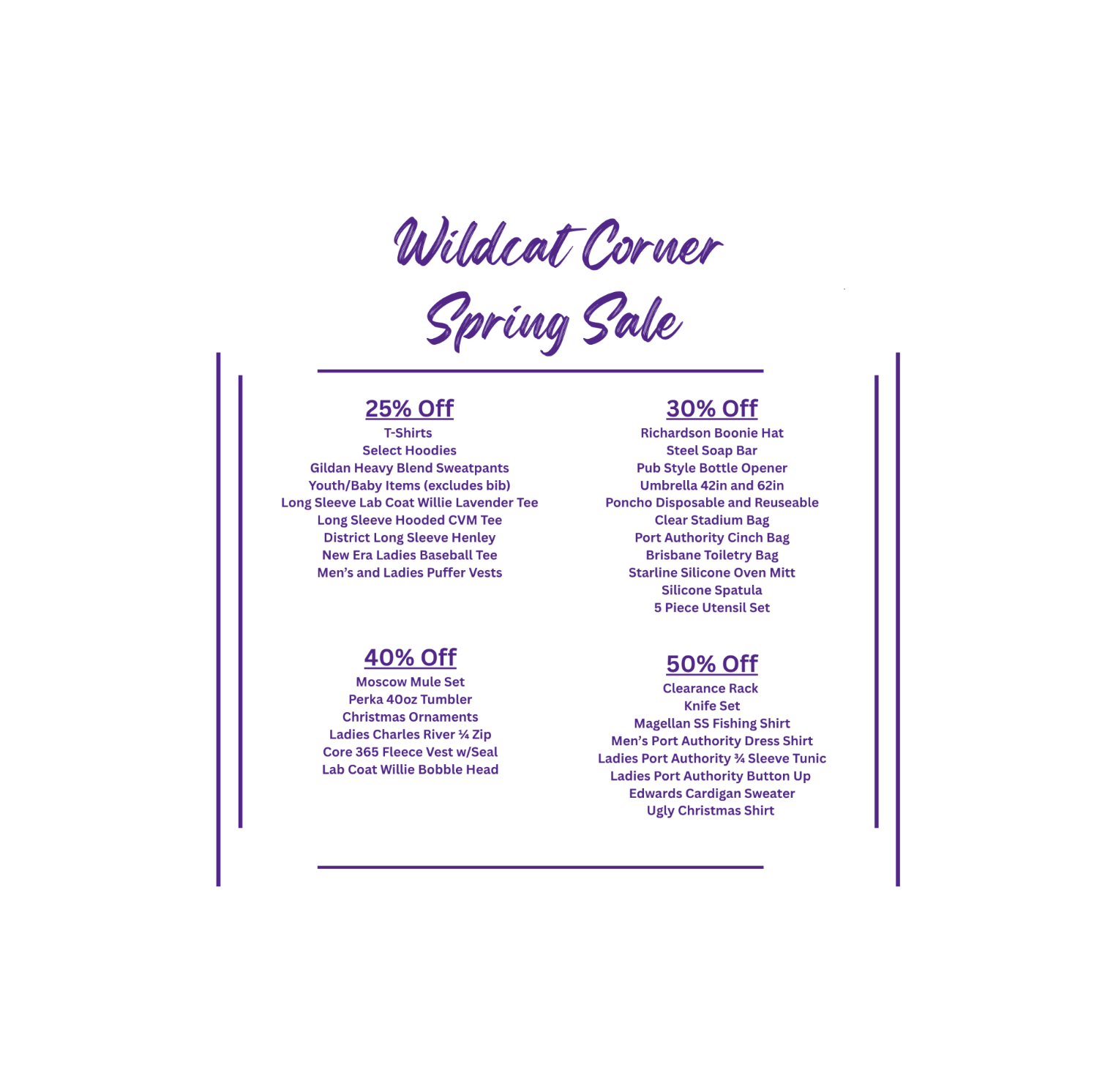 Wildcat Corner Spring Sale flyer with discount information on a white background