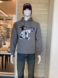 A mannequin wearing a heather gray hooded sweatshirt with side pockets and a graphic print of Labcoat Willie on the front.