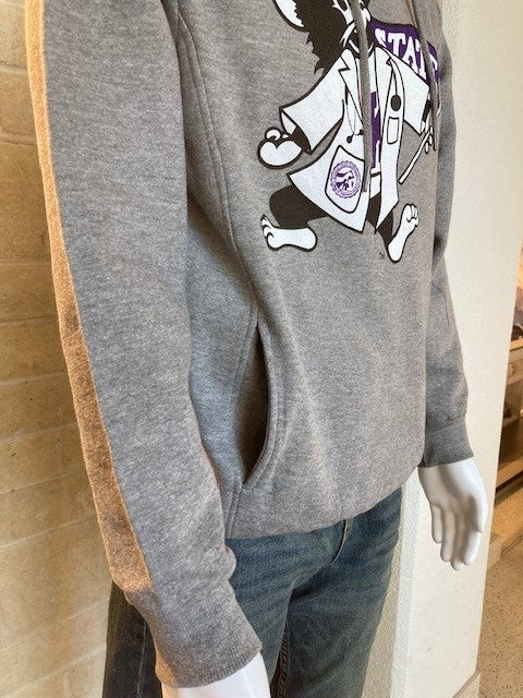 A mannequin wearing a heather gray hooded sweatshirt with side pockets and a graphic print of Labcoat Willie on the front.
