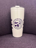 White tumbler with a purple CVM seal and purple striping. 