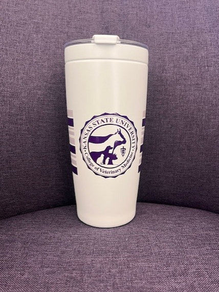 White tumbler with a purple CVM seal and purple striping. 