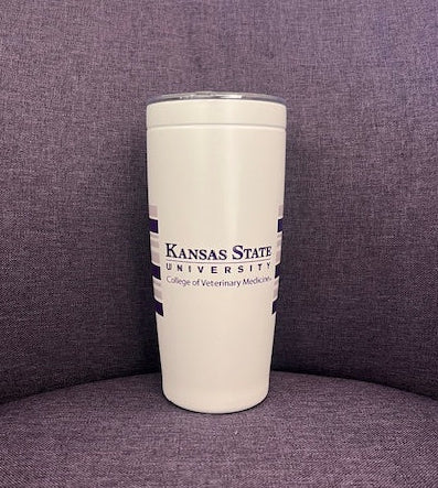 White tumbler with a purple K-State CVM logo and purple striping. 