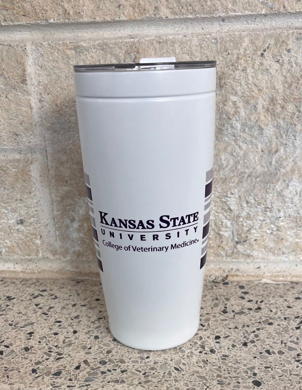 White tumbler with a purple K-State CVM logo and purple striping. 