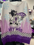 A purple, pink, and white striped Christmas sweatshirt featuring a graphic of Labcoat Willie surrounded by blue snowflakes. 
