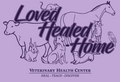 Lavender background with dark purple illustrations of animals. Text says Loved Healed Home 