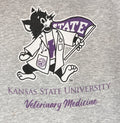 A heather gray t-shirt featuring Lab Coat Willie with 'Kansas State University Veterinary Medicine' printed in purple text.