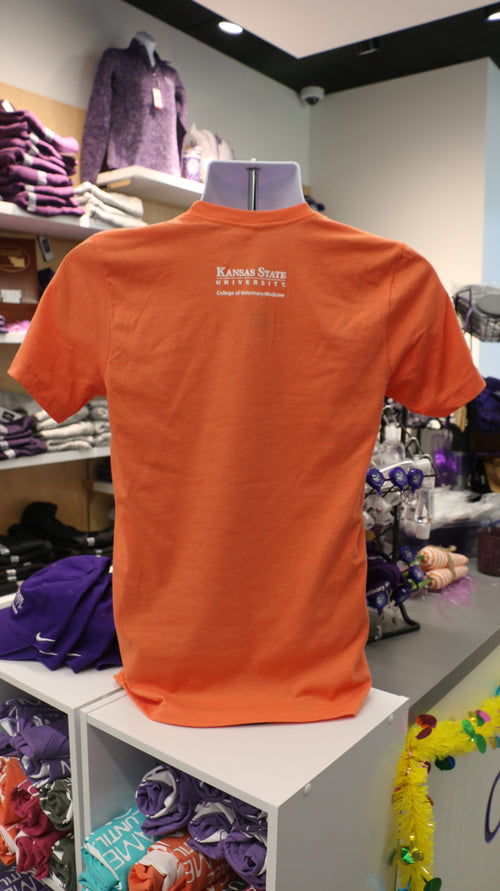 A rear view of the shirt that has a white K-State College of Veterinary Medicine logo on the upper middle back area. 