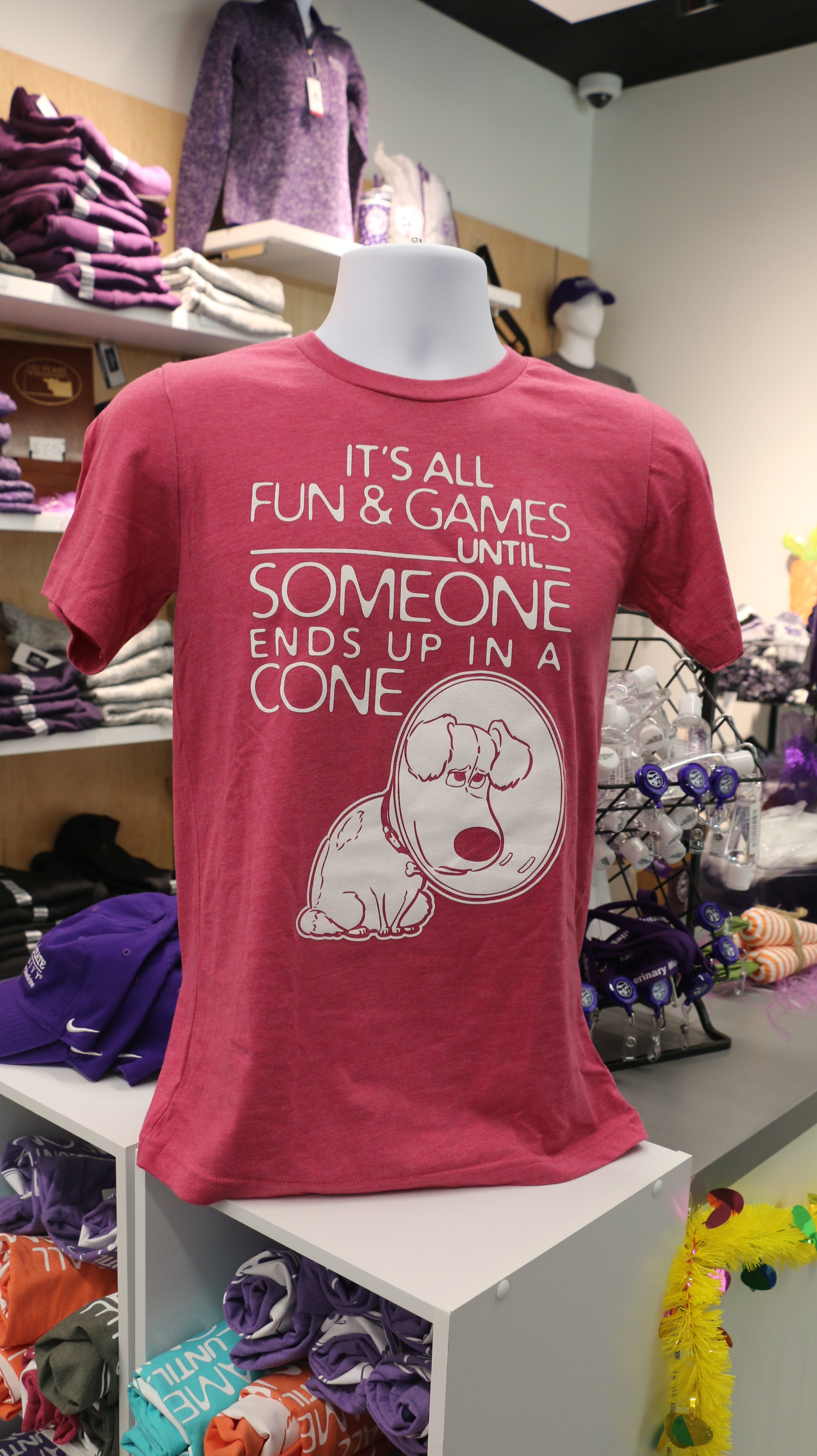 A red Bella Canvas t-shirt with white text reading "It's all fun & games until SOMEONE ends up in a CONE" with a dog in a cone graphic design on it, displayed on a mannequin.