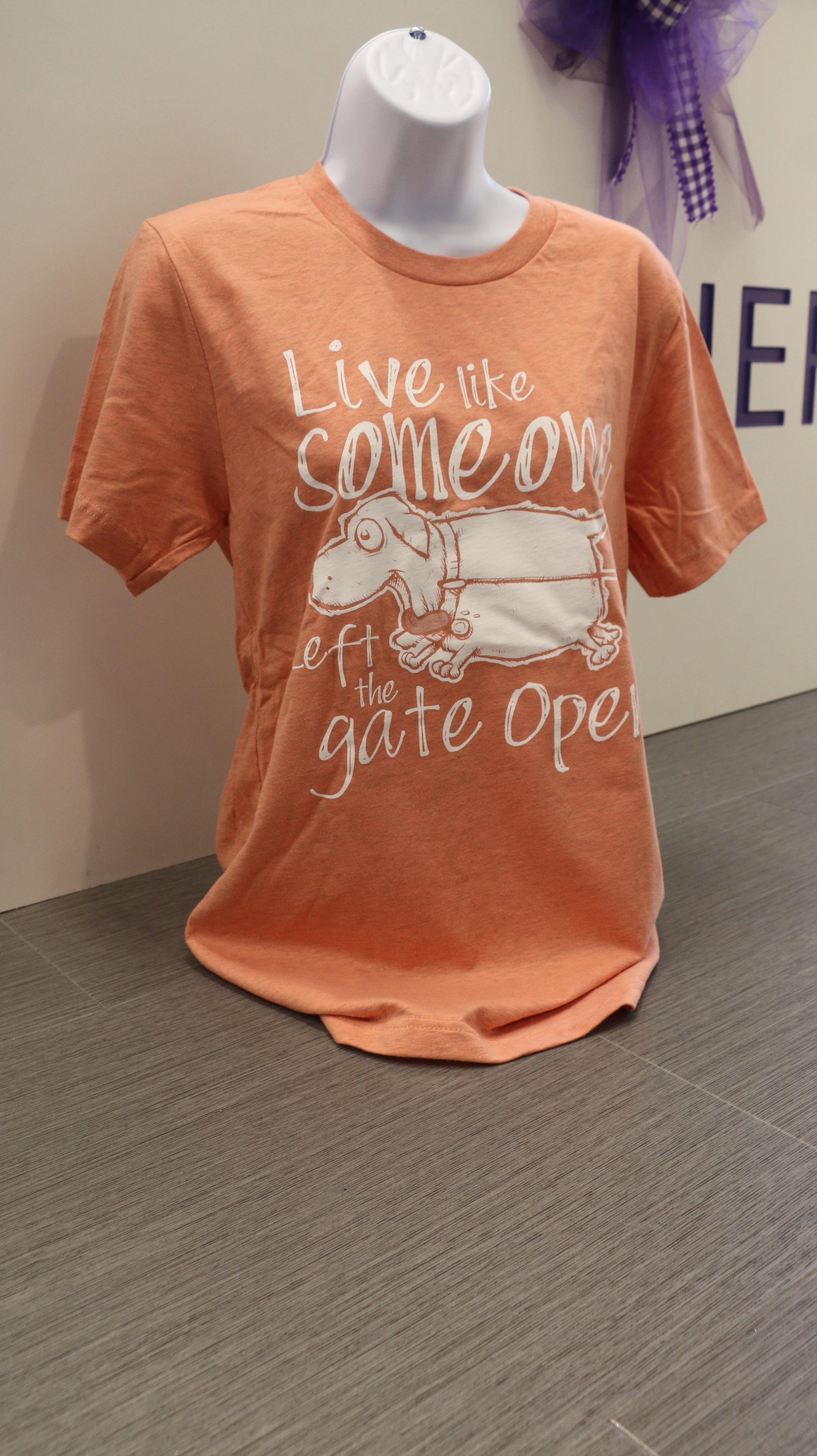 Orange Bella Canvas t-shirt with white text that reads "Live like someone left the gate open!" with a dog illustration on the front.