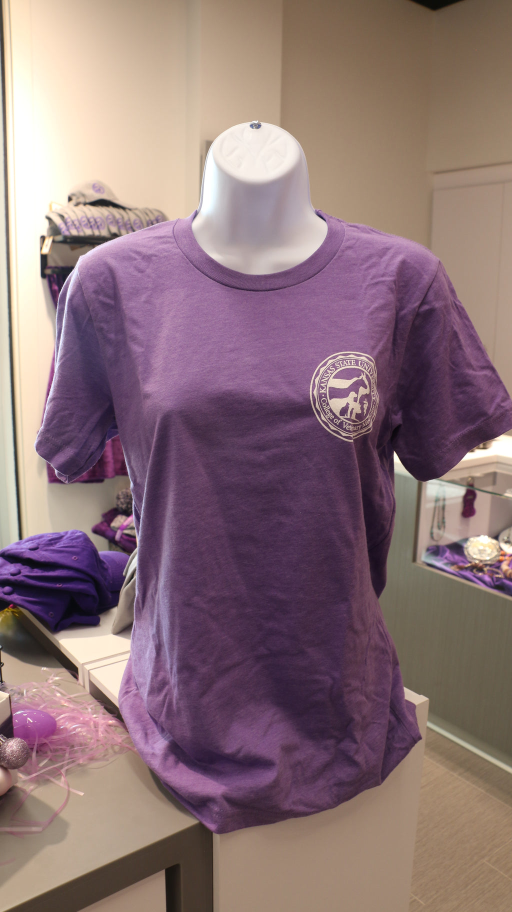 A purple Bella Canvas V-neck t-shirt with a white CVM seal on the upper left chest, displayed on a mannequin in a retail setting.