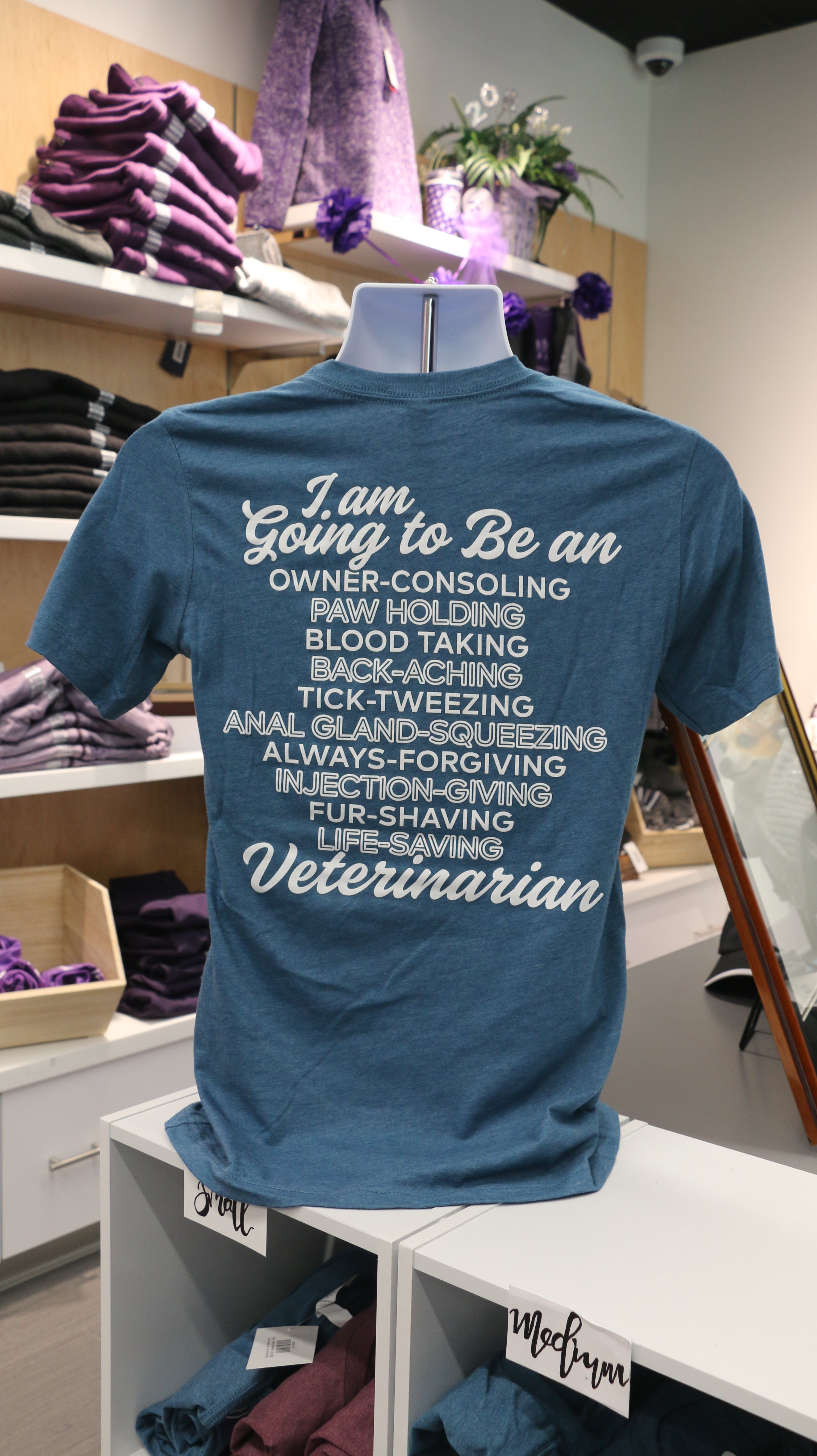 A rear view of the teal Bella Canvas Vet T-shirt with white lettering that reads "I am going to be an owner-consoling, paw holding, blood taking, back-aching, tick-tweezing, anal gland-squeezing, always-forgiving, injection-giving, fur-shaving, life-saving Veterinarian" in cursive and print. 