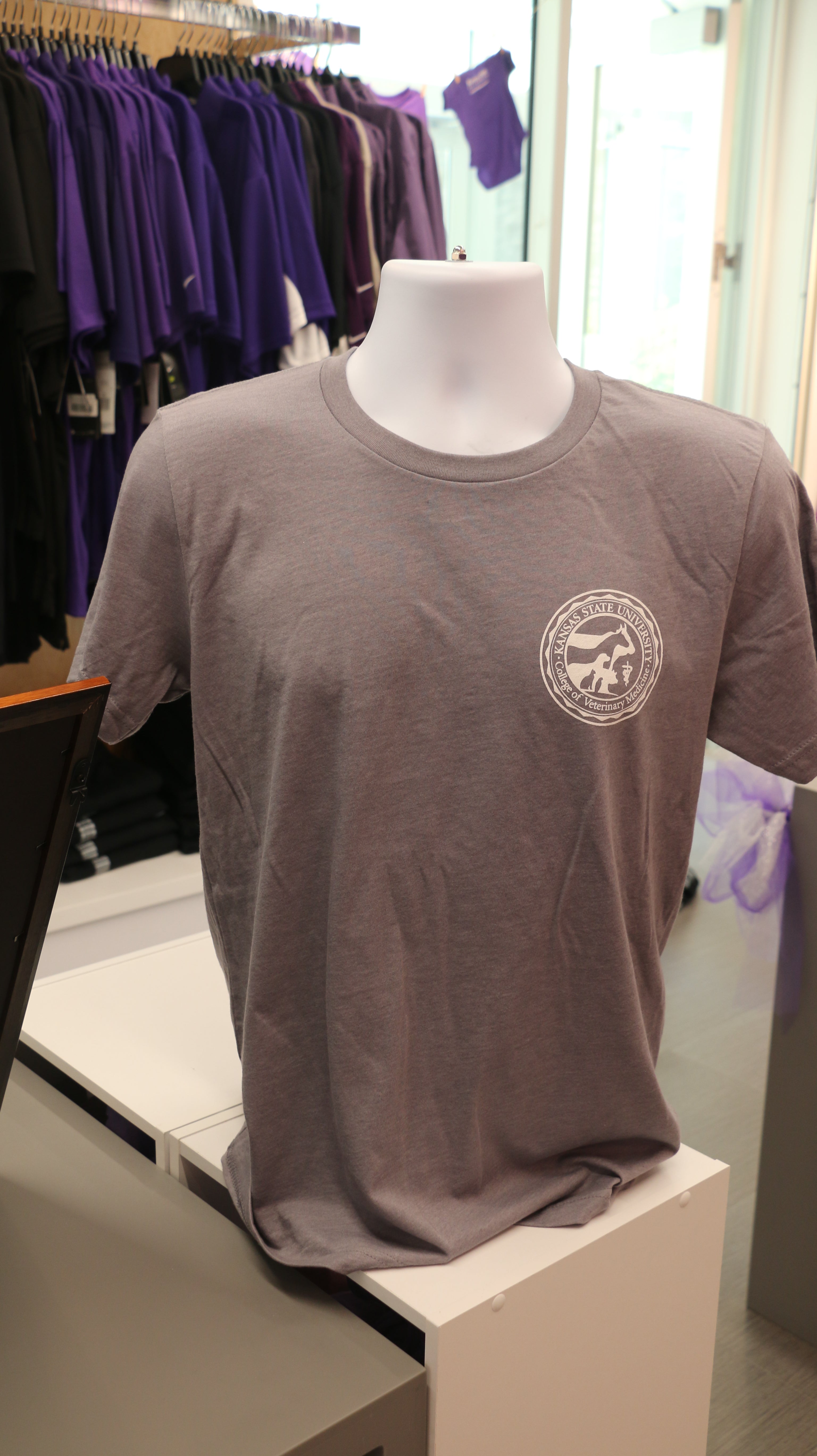 A gray Bella Canvas V-neck t-shirt with a white CVM seal on the upper left chest, displayed on a mannequin in a retail setting.