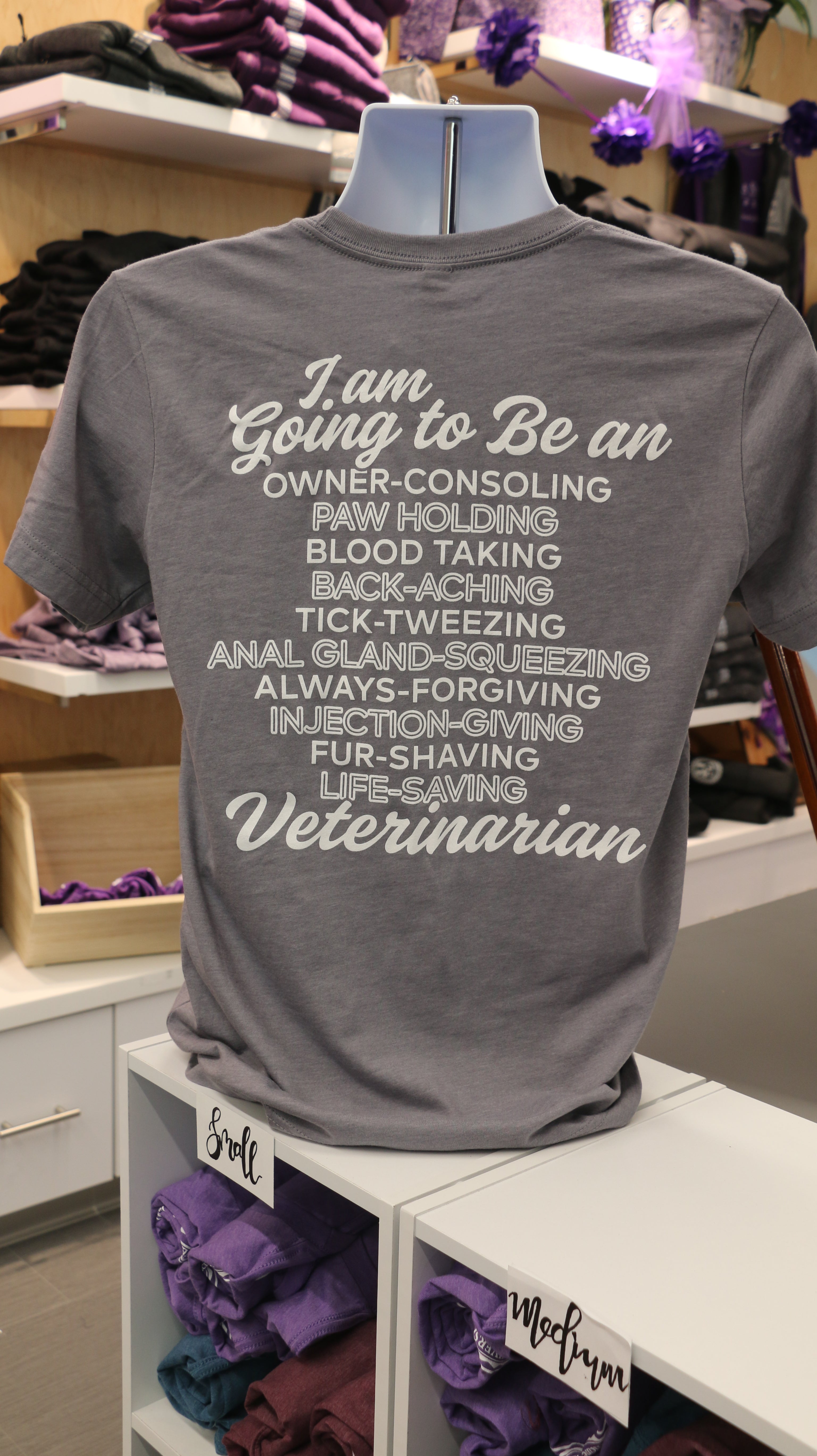 A rear view of the gray Bella Canvas Vet T-shirt with white lettering that reads "I am going to be an owner-consoling, paw holding, blood taking, back-aching, tick-tweezing, anal gland-squeezing, always-forgiving, injection-giving, fur-shaving, life-saving Veterinarian" in cursive and print. 
