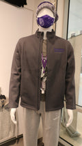A mannequin wearing a gray Charles River Heritage Rib Knit Jacket with side pockets, purple embroidered Kansas State University College of Veterinary Medicine logo and displayed in a retail setting.