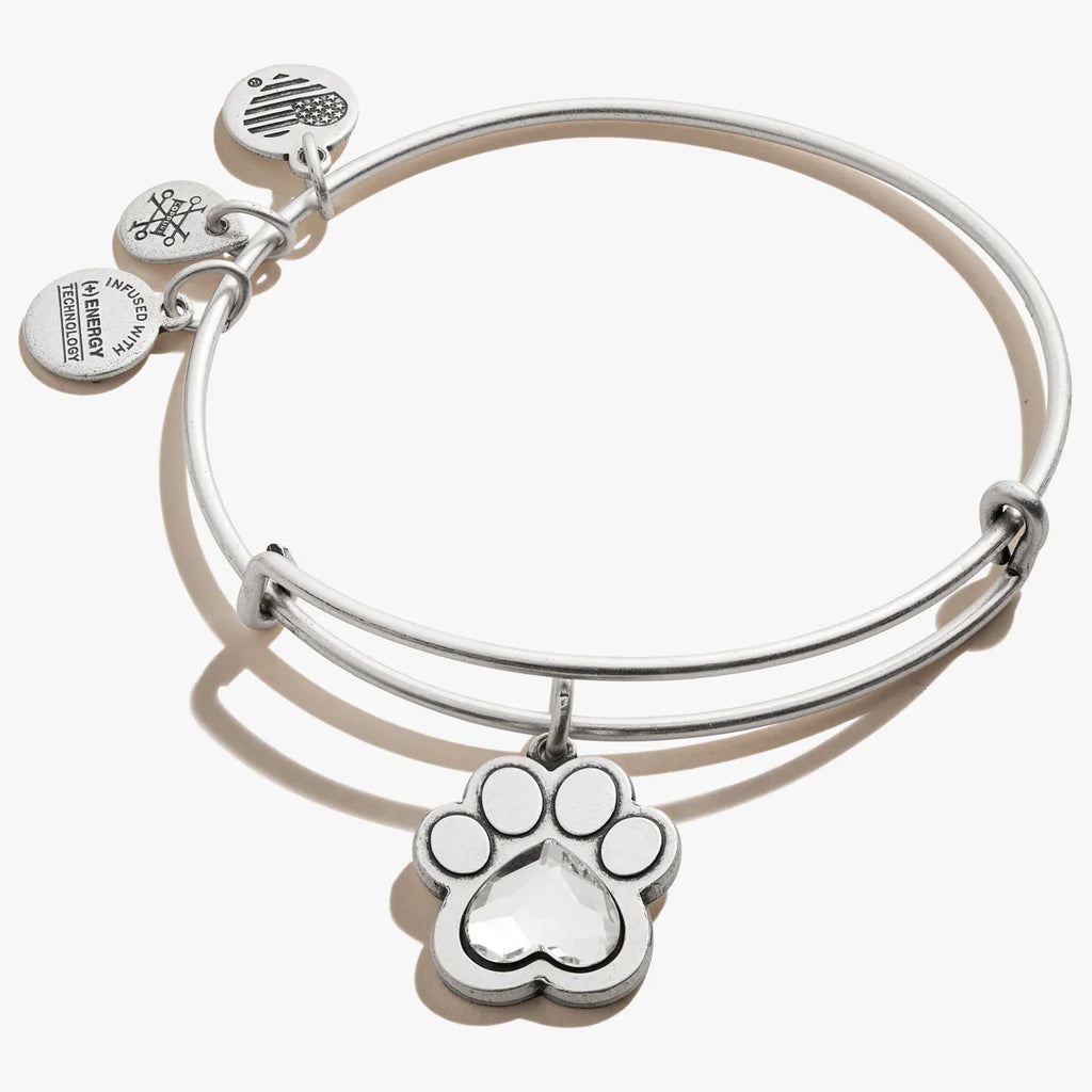 A silver-colored bangle bracelet featuring multiple charms including a paw print.