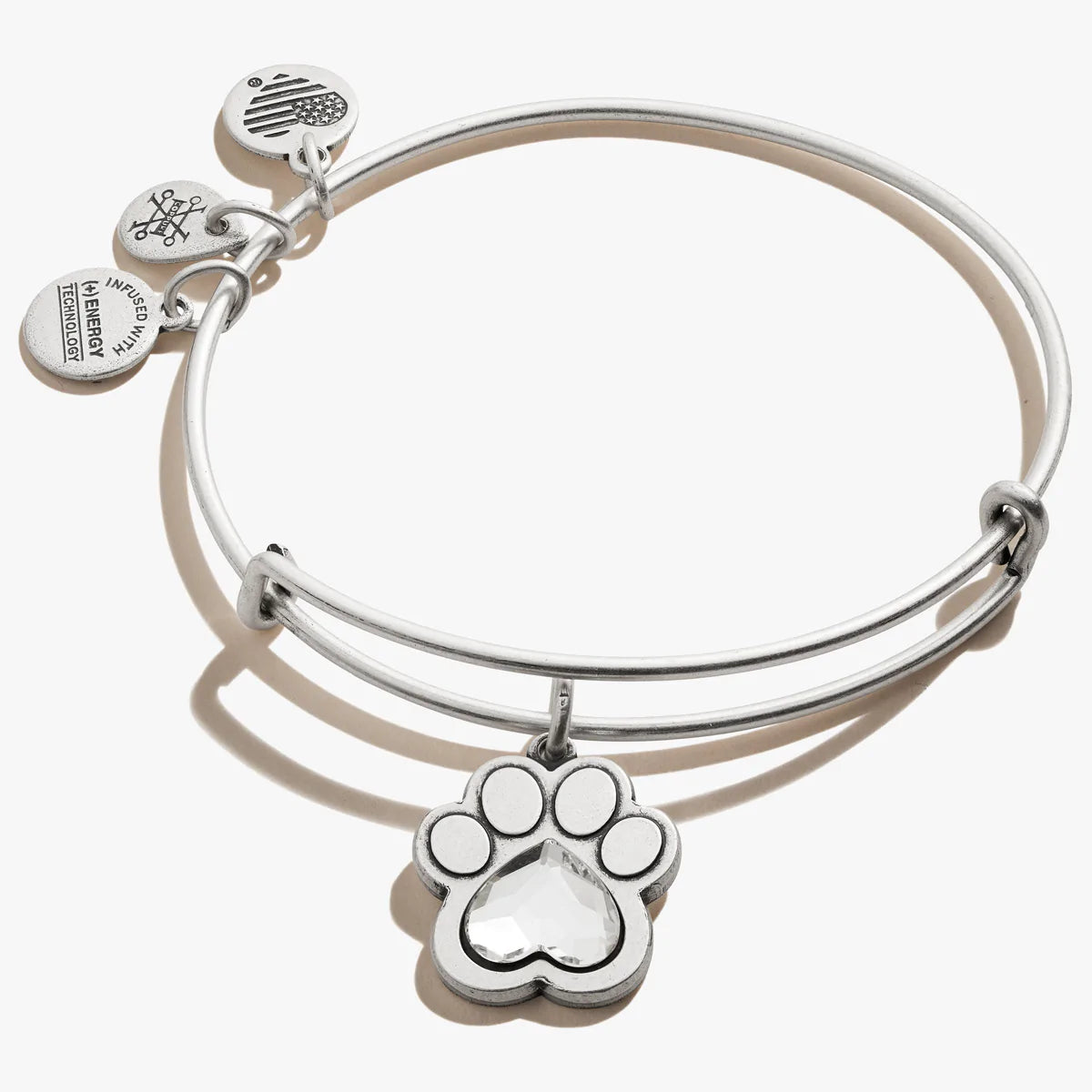 A silver-colored bangle bracelet featuring multiple charms including a paw print.