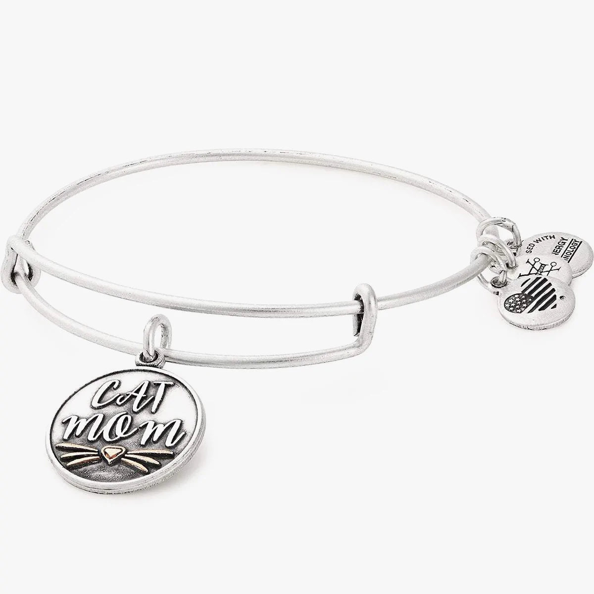 A silver-colored bangle bracelet featuring a "cat mom" charm. 