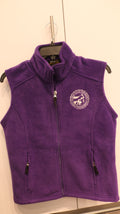 A purple full zip fleece vest with the CVM seal on the front, two zip pockets, displayed on a hanger.