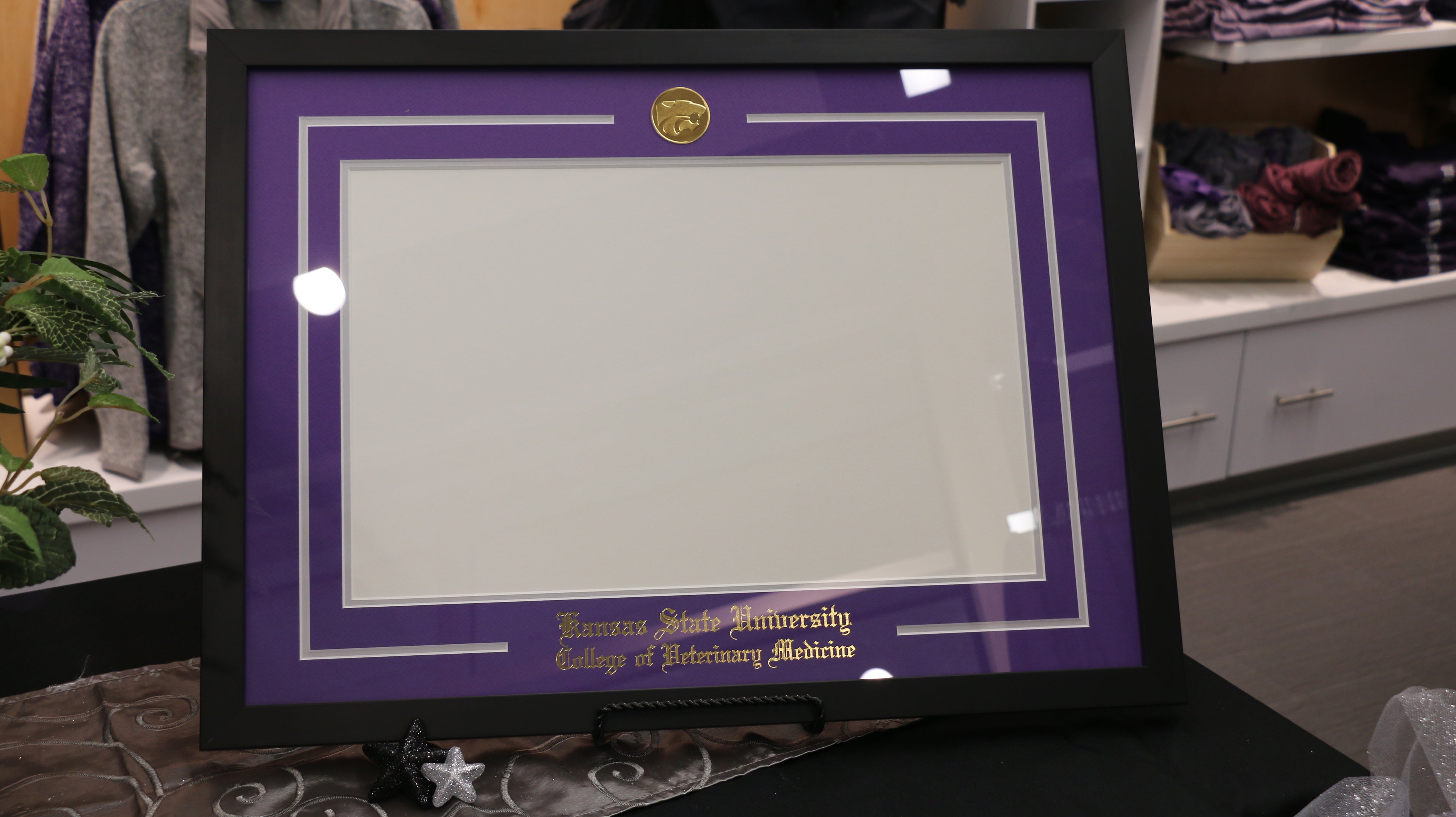 A diploma frame with a black exterior and purple cutout primary mat, with a gray accent mat. The frame contains a diploma with a gold imprint and a 22kt gold plated Power Cat logo.