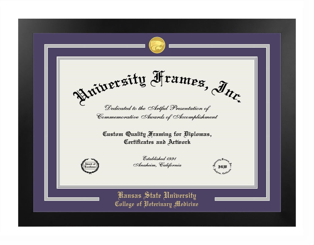 A diploma frame with a black exterior and purple cutout primary mat, with a gray accent mat. The frame contains a diploma with a gold imprint and a 22kt gold plated Power Cat logo.